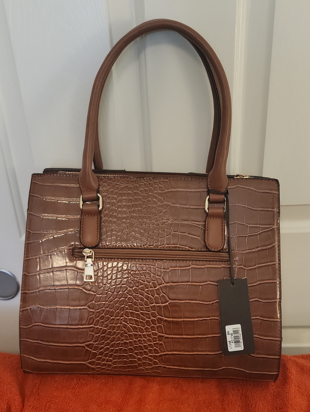 Croc-Embossed Brown Satchel Tote - Women's Handbag